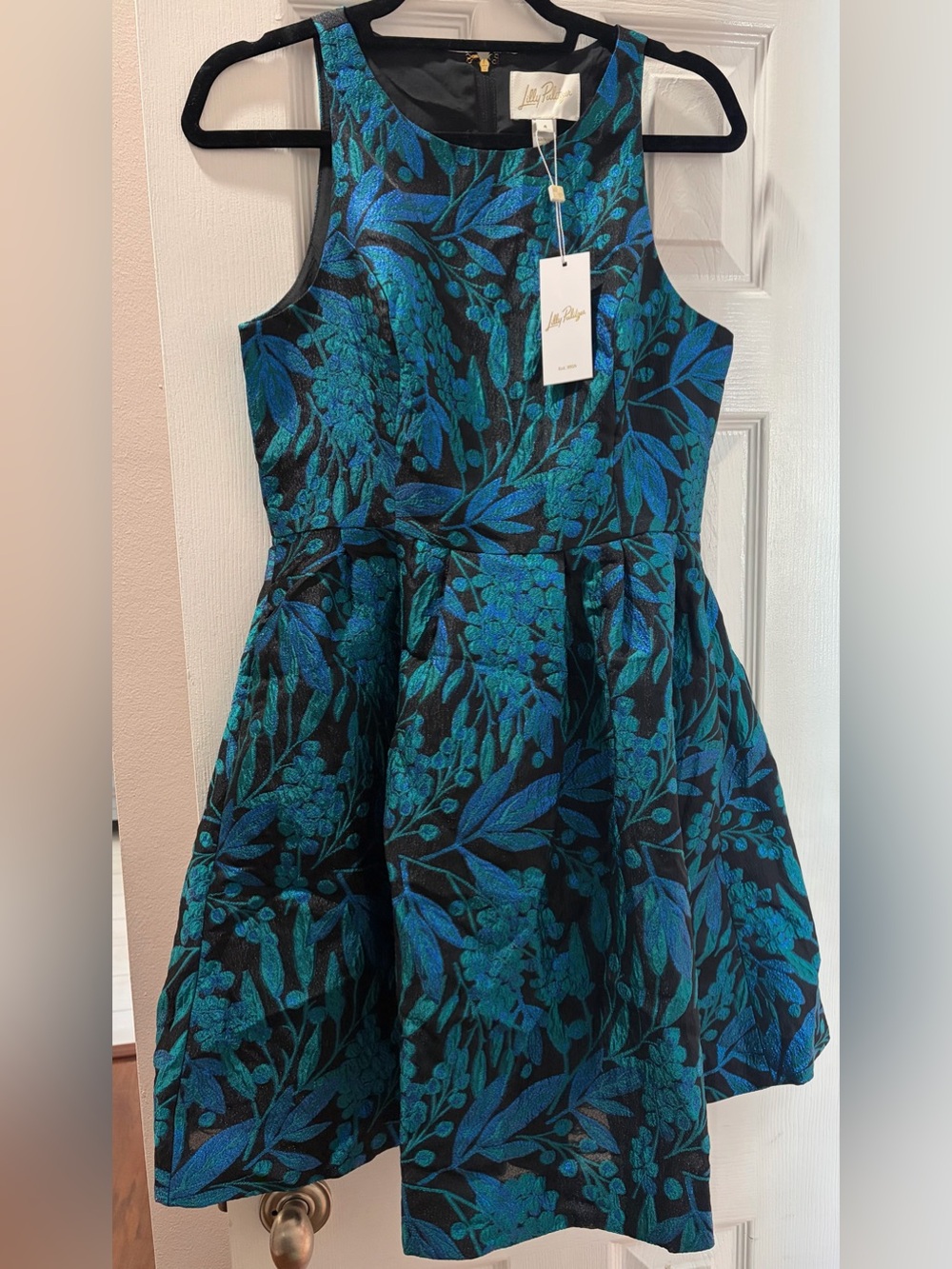 Lilly Pulitzer NWT Jollian Brocade Teal and Black Floral Fit-and-Flare Dress